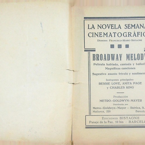Libro BROADWAY MELODY BESSIE LOVE ANITA PAGE NOVRLA SEMANAL DEL CINEMATOGRAFIA (FRANCISCO- MARIO BISTAGNE