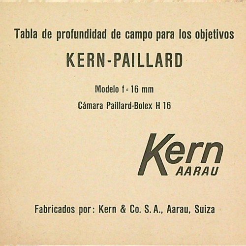 "Tabla de profundidad de campo para los objetivos - KERN PAILLARD - modelo f=16 mm"