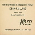 "Tabla de profundidad de campo para los objetivos - KERN PAILLARD - modelo f=16 mm"