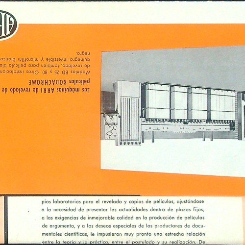 Folleto: : Catálogo de maquinaria ARRI para revelado de películas Kodachrome y otros procesos cinematográficos.