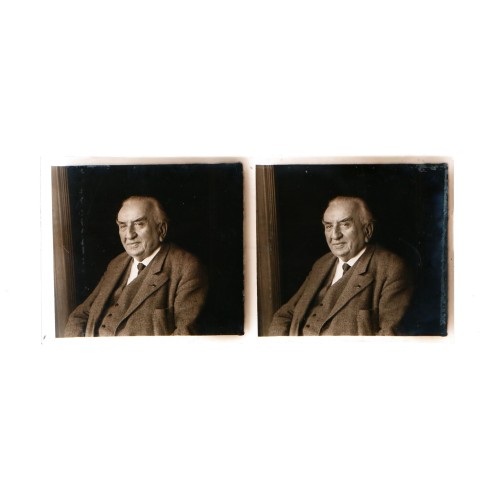 Vista estereoscópica en placa de vidrio Retrato de Louis Lumière en edad avanzada