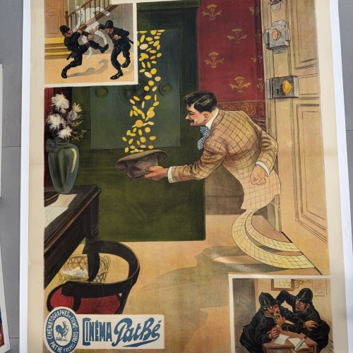 Cartel cinematográfico antiguo titulado “Voleur Mystérieux” (en francés, Ladrón Misterioso).