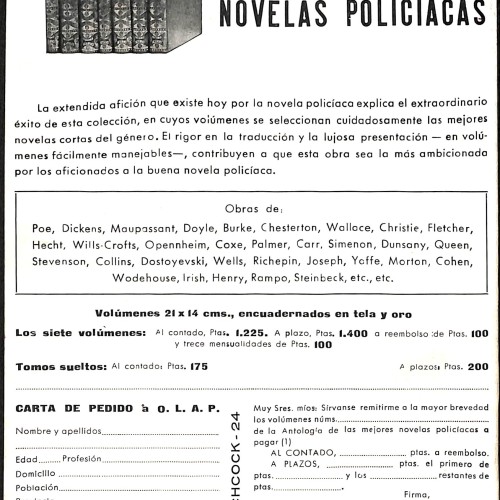 Antología de las mejores novelas policíacas (folleto publicitario O.L.A.P.) y Alfred Hitchcock Magazine, n.º 24 (diciembre 1965)