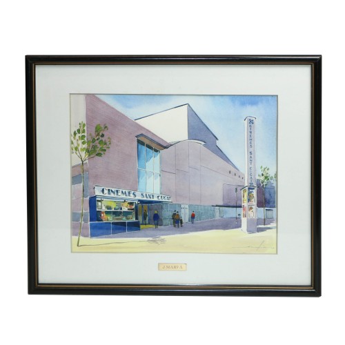 Acuarela realizada durante el periodo 1993-1995 por Josep Marfá - Fachada del cine Sant Cugat