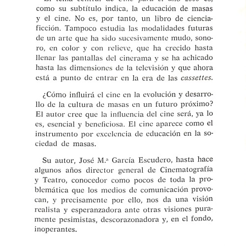Libro: Cine para el año 2000 (Subtítulo: La educación de masas y el cine).
