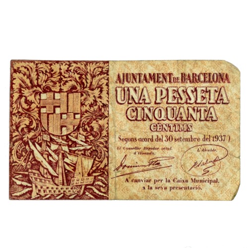 Billete Una peseta cincuenta centimos Ayuntamiento de Barcelona