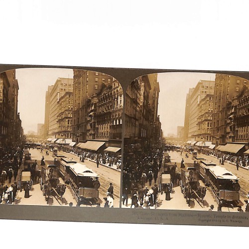 Vista estéreo State St., North from Madison – Masonic Temple in distance, Chicago, U.S.A.”