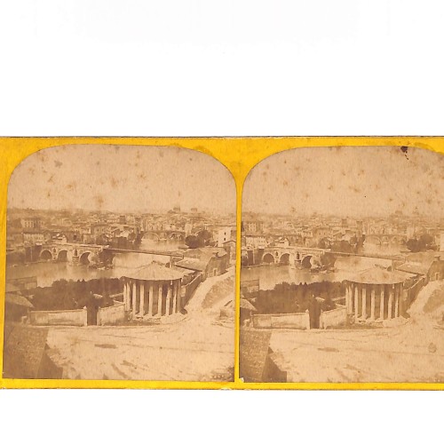 Vista estéreo Roma — Vista del Tíber con puente y ciudad histórica (prob. Ponte Sant’Angelo / área del Foro Boario)