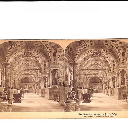 Vista estéreo Biblioteca del Vaticano (Roma, Italia) – galería interior decorada – Underwood & Underwood, 1897