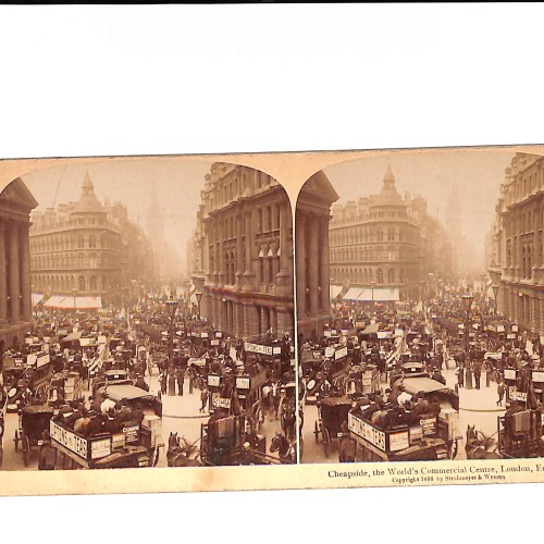 Vista estereoscópica  L“Cheapside, centro comercial de Londres con tráfico victoriano”