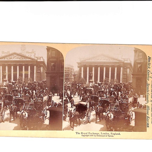 Vista estereoscópica  The Royal Exchange con tráfico y actividad financiera victoriana