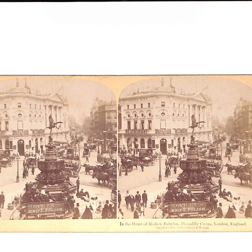 Vista estereoscópica  Piccadilly Circus, ‘Heart of Modern Babylon’, con fuente de Eros y tráfico londinense”