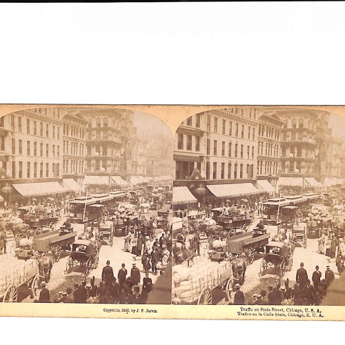 Vista estereoscópica ráfico comercial en State Street, Chicago (Estados Unidos), hacia 1893”