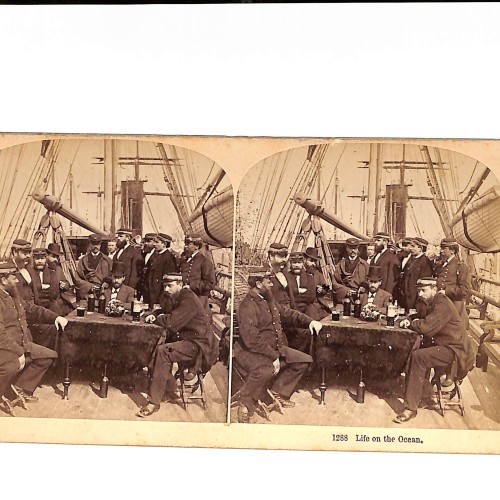 Vista estereoscópica “Life on the Ocean – tripulación en cubierta, escena marítima estereoscópica, c.1890-1900”