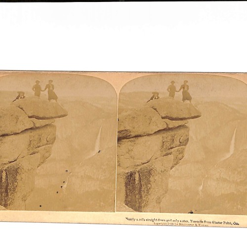 Vista estereoscópica  Glacier Point, Yosemite – figuras en el acantilado, vista estereoscópica estadounidense, c.1894”