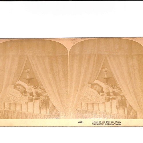 Vista estereoscópica “Trials of the Day are Over” – escena doméstica victoriana