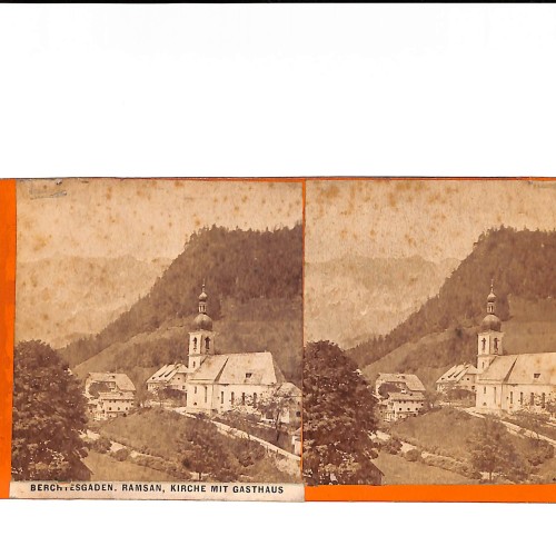 📷 Vista estereoscópica   – “Berchtesgaden – Ramsau, Kirche mit Gasthaus”