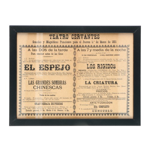 Cartel teatral del Teatro Cervantes, fechado el jueves 1.º de enero de 1891, de “Sombras Chinescas”