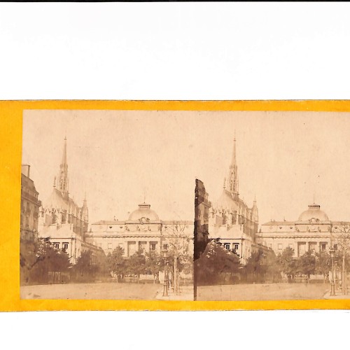 📷 Vista estereoscópica edificio institucional con aguja neogótica (prob. Francia, fin s. XIX)