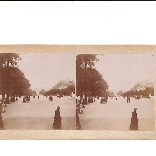 📷 Vista estereoscópica  Lourdes – Paseo arbolado con peregrinos (vista general del santuario al fondo)