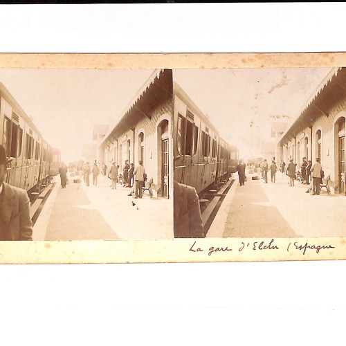 Vista estereoscópica "La gare d'Elche (Espagne)" (La estación de Elche, España).
