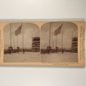 Vista estereo de cartón _ "The first "Old Glory" over Morro Castle, Jan. 1, 1899, Havana, Cuba."