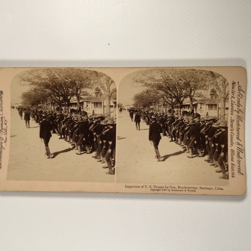 Vista estereo de cartón _ "Inspection of U. S. Troops by Gen. Breckenridge, Santiago, Cuba."