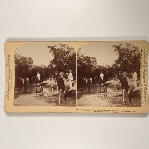 Vista estereo de cartón _ "Ford of the Aguadores—where many American Boys were killed—near San Juan, Cuba."