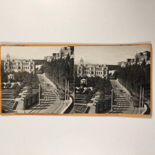 Vista estereo de cartón _ Paseo del Parque en Málaga ,"Paris Hôtel-de-Ville"