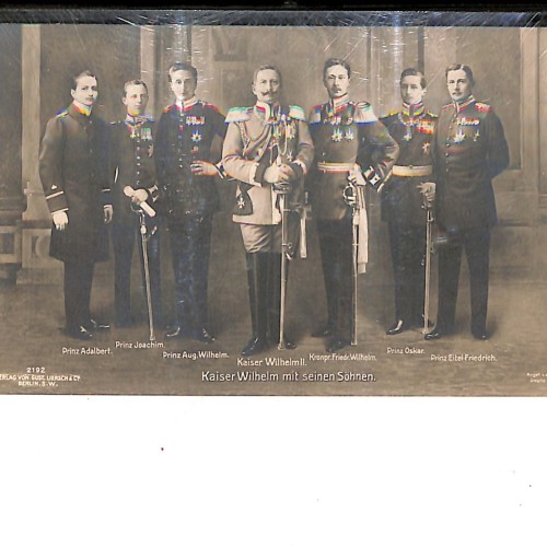Retrato dinástico del Káiser Guillermo II posando junto a sus seis hijos varones en uniforme de gala.