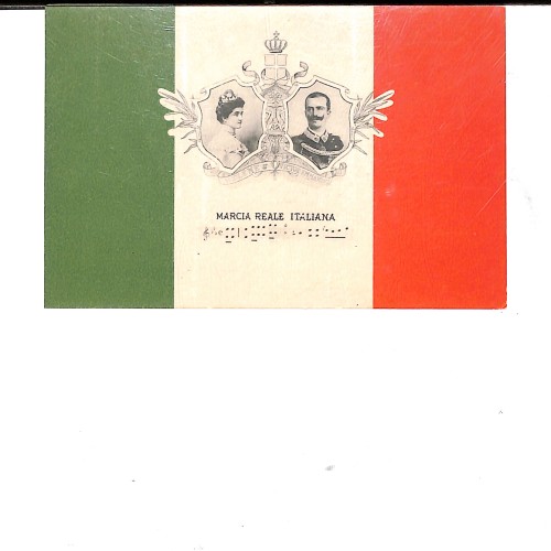 Tarjeta postal patriótica con la bandera de Italia, retratos del Rey Víctor Manuel III y la Reina Elena de Montenegro.