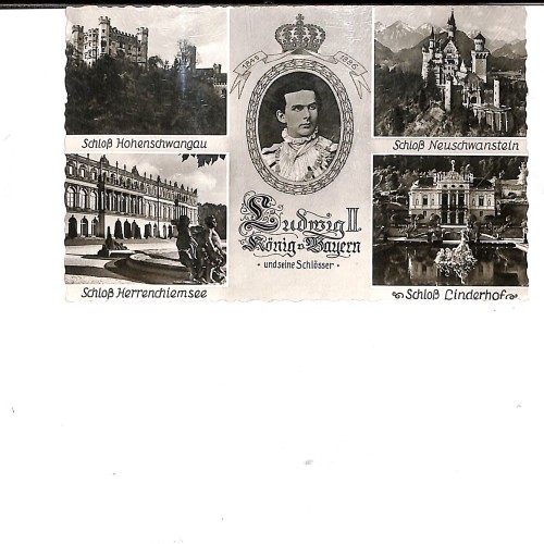 Composición conmemorativa del Rey Luis II de Baviera junto a sus cuatro castillos principales.