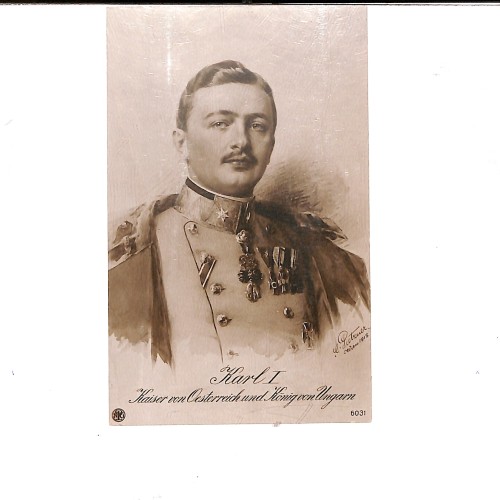 Retrato oficial del Emperador Carlos I de Austria y Rey de Hungría vistiendo uniforme militar con condecoraciones.