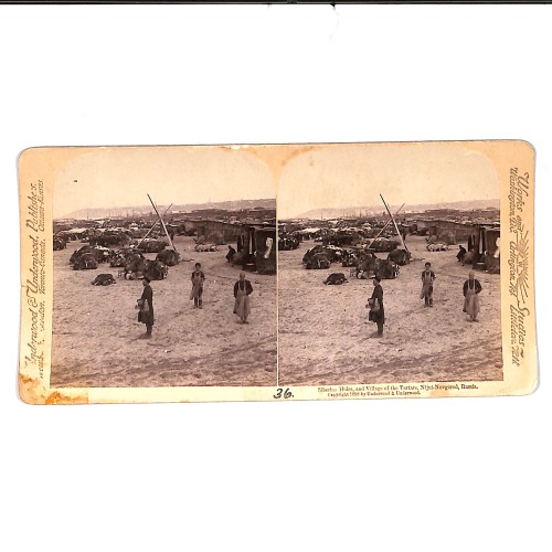 Vista estereo_ Cueros de Siberia y aldea de los tártaros en la feria comercial de Nizhni Nóvgorod, Rusia.