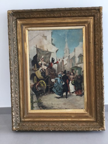 Pintura con marco de madera dorada "Comerciante ambulante" 1800 original