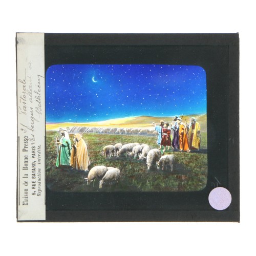 Vista Linterna Magica L'Adoration des bergers (La adoración de los pastores en el pesebre).