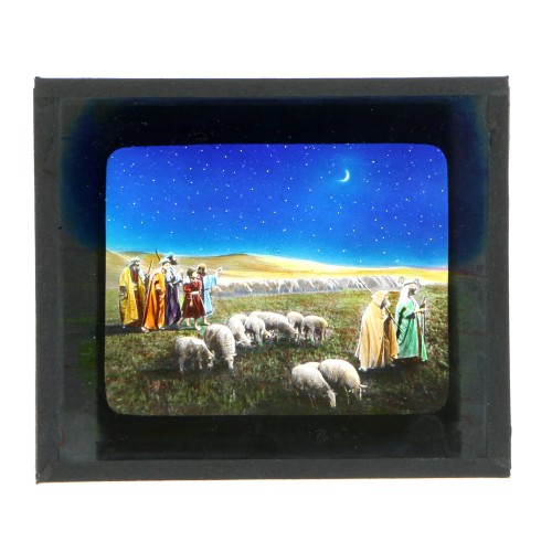 Vista Linterna Magica L'Adoration des bergers (La adoración de los pastores en el pesebre).