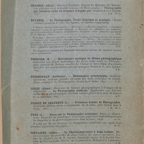 Catalogo bibliotheque e indice - Bulletin de la Société Française de Photographie - 1896