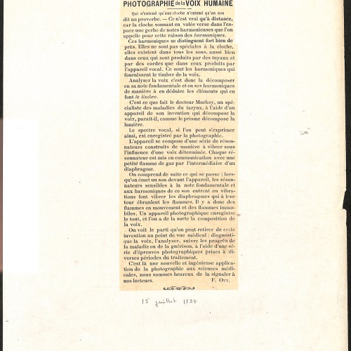 Recorte de prensa histórico: PHOTOGRAPHIE de la VOIX HUMAINE (Fotografía de la voz humana).