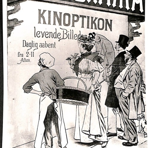 Reproducción fotográfica de un cartel publicitario danés de época y anotaciones de archivo en su reverso.