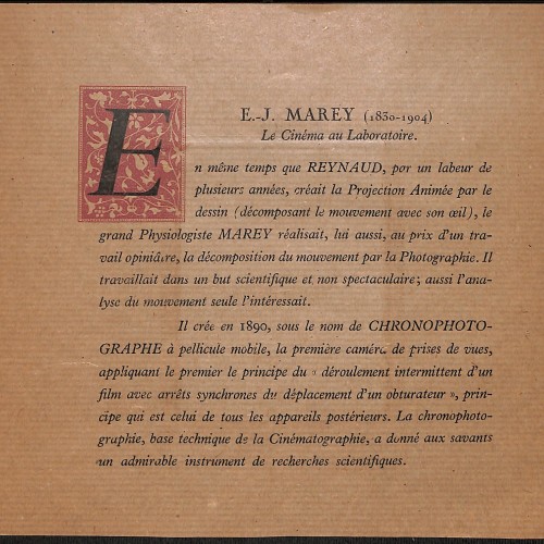 Estampa tipográfica con retrato a línea y texto biográfico de homenaje (anverso y reverso) dedicado a Étienne-Jules Marey.