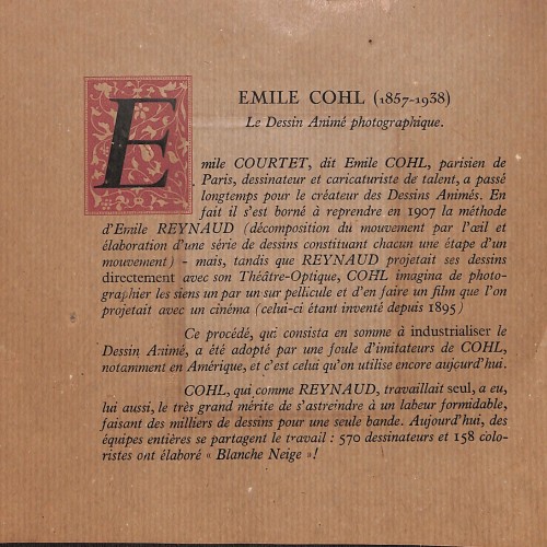 Lote biográfico/documental sobre Émile Cohl (Anverso: Retrato caricaturesco / Reverso: Ficha técnico-histórica).