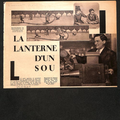Doble página (anverso/reverso) con un reportaje histórico ilustrado sobre linternas mágicas titulado "La Lanterne d'un Sou".