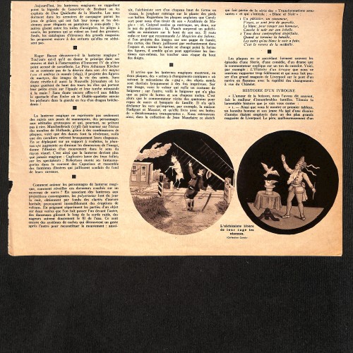 Doble página (anverso/reverso) con un reportaje histórico ilustrado sobre linternas mágicas titulado "La Lanterne d'un Sou".