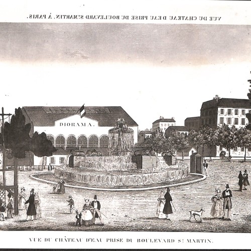 Grabado litográfico histórico (vista de París) con texto invertido en el margen superior y marcas de archivo en el reverso.
