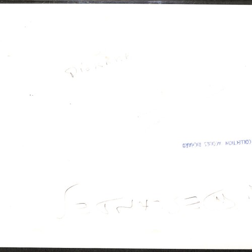 Grabado litográfico histórico (vista de París) con texto invertido en el margen superior y marcas de archivo en el reverso.