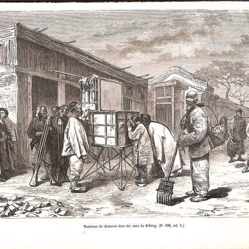 Grabado: Montreur de diorama dans les rues de Péking, publicado en Le Journal de la Jeunesse.