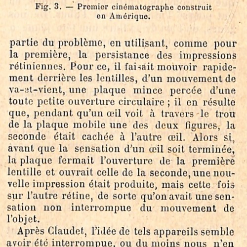 Recorte de prensa: "Premier cinématographe construit en Amérique" (Estereofantascopio de Coleman Sellers).