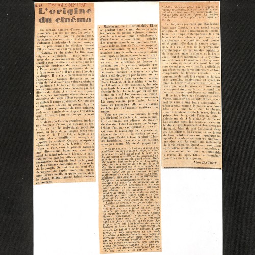 Recorte de prensa "L'origine du cinéma" (Ensayo histórico-literario).