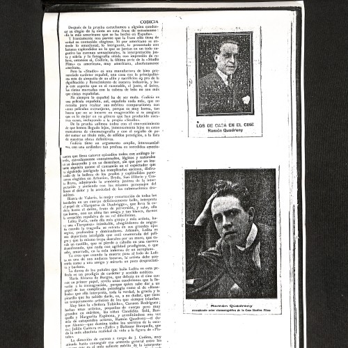 Página de revista especializada con reseña del serial "Codicia" y retratos de Ramón Quadreny.